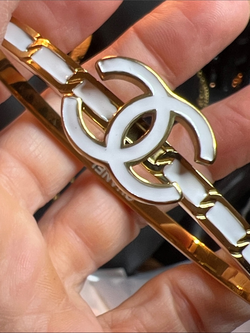 Gold-Tone Bracelet with White Enamel CC Logo - Picture 4 of 8
